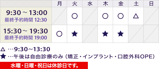 9:30～13:00（最終予約時間 12:30）／15:30～19:30（最終予約時間 19:00）土曜9:30～13:30／火・木・金午後自由診療のみ／休診日：水・日・祝